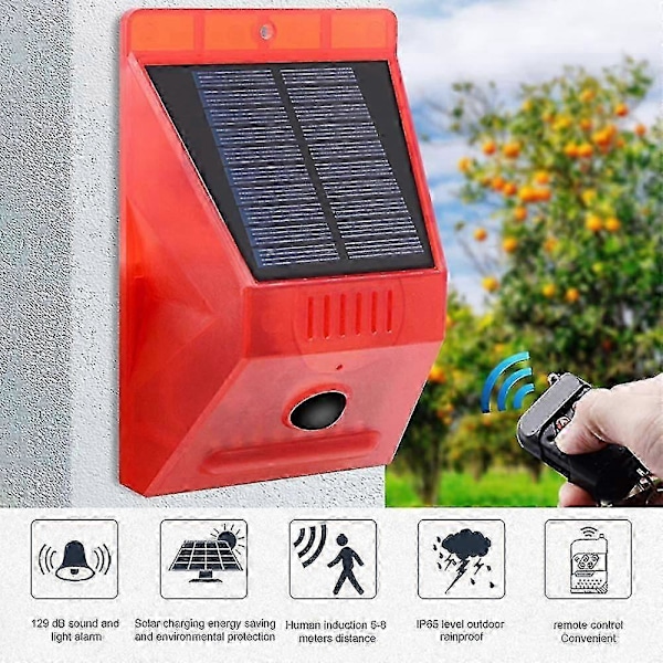 Solarlarm, Ljudlarm Blixtljus Rörelsesensor Säkerhetslarm, Blinkande Varning, IP65 Vattentät, Fyra Lägen