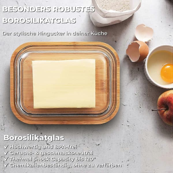 Premium Smörask i Glas - Hållbar Smörask i Bambu - Miljövänlig Förvaring - FSC-Certifierad Smörask 640ml