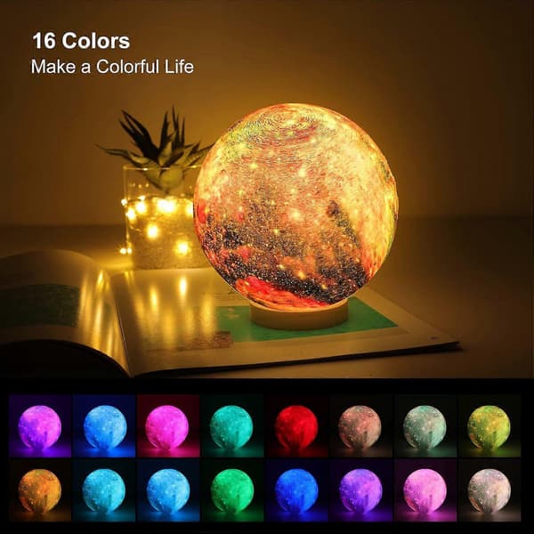 3D Galaxy Ball Månelampe – 16 Farger Månelys Globe Nattlampe med Stativ