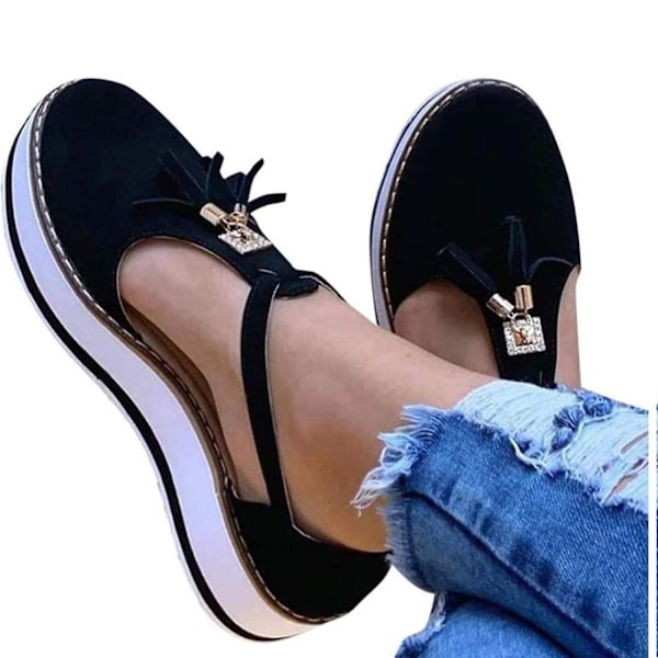 (Sort US 5) Dame Tassel Læder Lukket Tå Platform Sandaler Justerbar Ankelrem Spænde Anti Slip Komfortabel