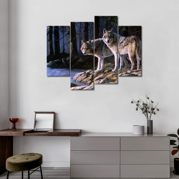 Två varg står på flodstranden skogen vägg konst färg