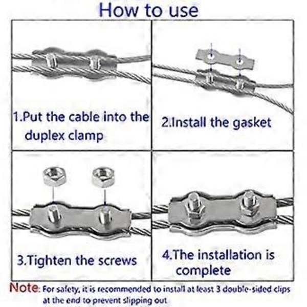 6 stk. M4 Duplex Klemme 304 Rustfritt Stål Kraftig Wire Rope Clips Duplex Bolt Kabelklemme for Wire Rope Tau Klessnor Faste Patio Hengende Seil d