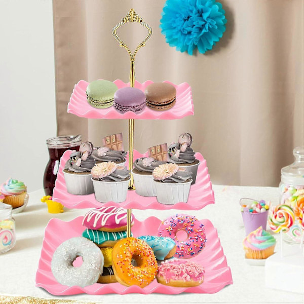 Dessert Cupcake Ställ, 3 Vånings Cup Cake Hållare Torn för Te-party/Födelsedag/Bröllop, Plast Vånings Serveringsbricka med Metallpinne, Rosa
