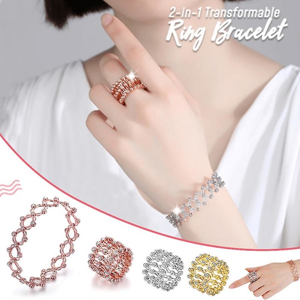 (Guld med diamant) S925 Silver Ring Armband 2 i 1 Transformbart Ring Armband Teleskopisk Ring för Kvinnor