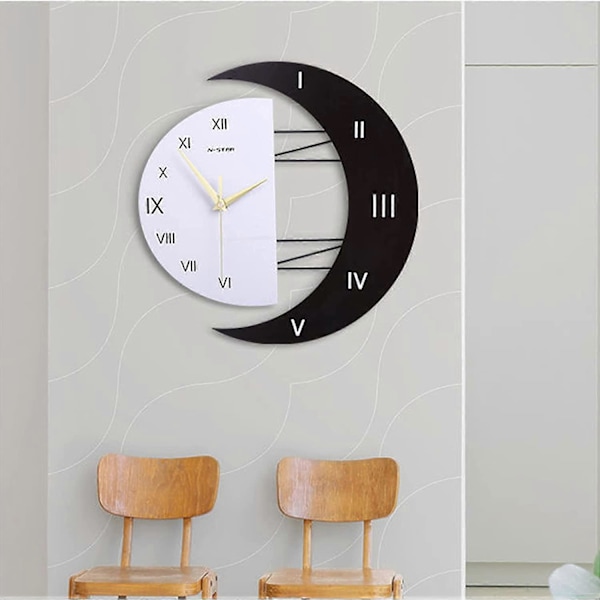 Modern Tyst Väggklocka Design Köksklocka Månformad Ram Kreativ Dekorationsklocka för Hemmet (45*46)
