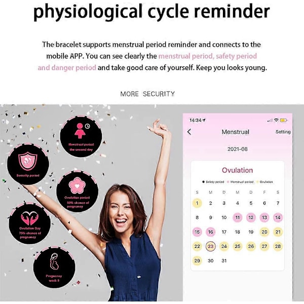 Smartklokke for kvinner - IP68 vanntett - Feminin periodisk enhet - SMS-varsling - Hjertefrekvensmåler - Android iOS