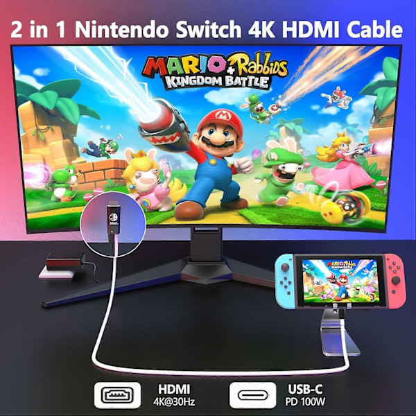 USB C - HDMI -kaapeli Nintendo Switchille/OLEDille, 3 in 1 -kaapeli 100 W PD:llä ja 4K HDMI:llä, tukee TV:tä/Steam Deckiä/kannettavaa tietokonetta/PC:tä, 2 m mustavalkoinen