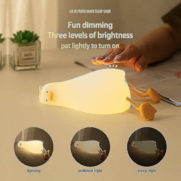 Liggende And Nattlys, LED Squishy Andelampe, Justerbart Nattlys for Barnerom, Oppladbar Berørings Nattbordslampe