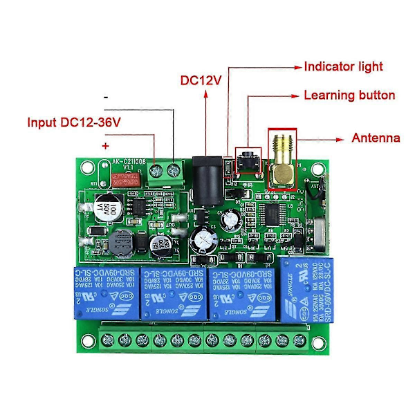 DC12 36V 4CH RF Trådlös Fjärrkontroll Switch Mottagare med 2000M Långdistans Fjärrkontroll Sugproppsantenn