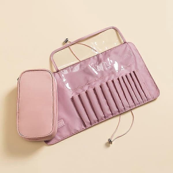 Makeup Børste Opbevaringspose, 2 i 1 Multifunktionel Lomme til Rejser, Forretning og Daglig Brug - Pink