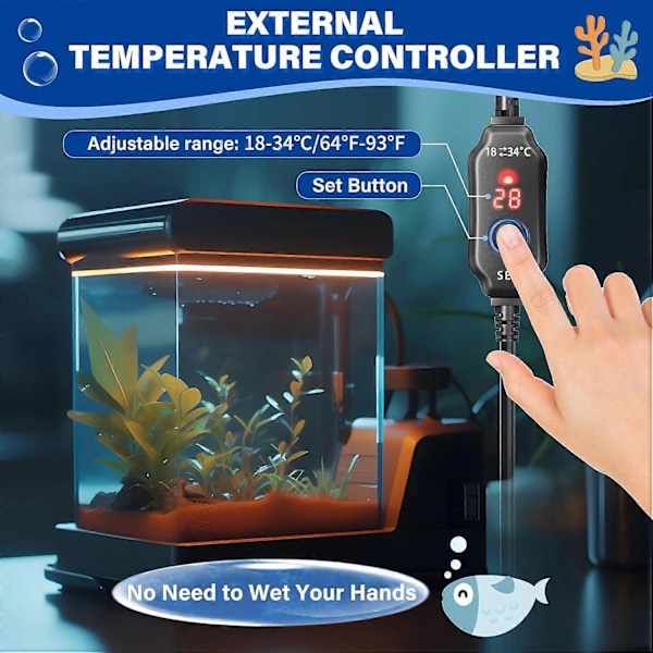 Akvarievarmer 100W, lille varmer med digitalt display, tørløbs-/overophedningsbeskyttelse, ekstern temperaturregulator til 50L tank