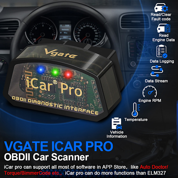 Vgate Icar Pro Bluetooth 4.0 (ble) Obd2 Obdii Fejlkodelæser Bil Check Engine Light Med Elm327 Adapter