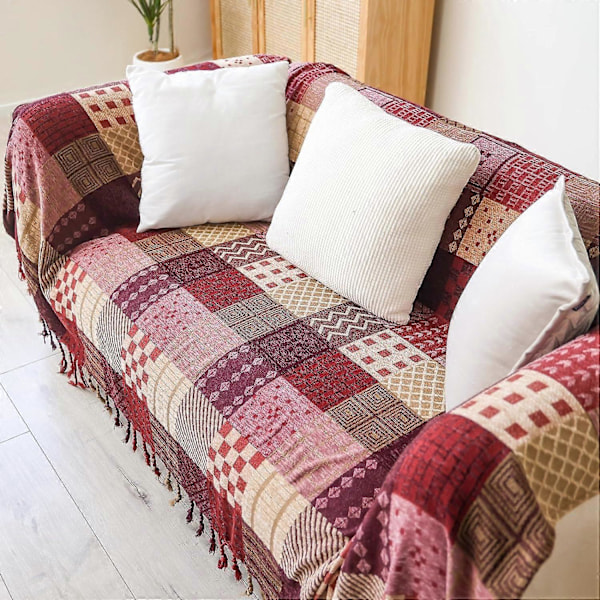Chenille Vævet Tæppe, Dobbeltsidet Patchwork Sengetæppe med Frynser, Boheme Sengetæppe, 220x260cm, Rød, Elegant og Blød til TV, Sofa, Lænestol, Seng