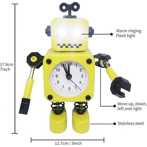 Gul Robot Väckarklocka, Tyst Väckarklocka i Rostfritt Stål med Blinkande Lysande Ögon och Roterande Arm, Barnpresent