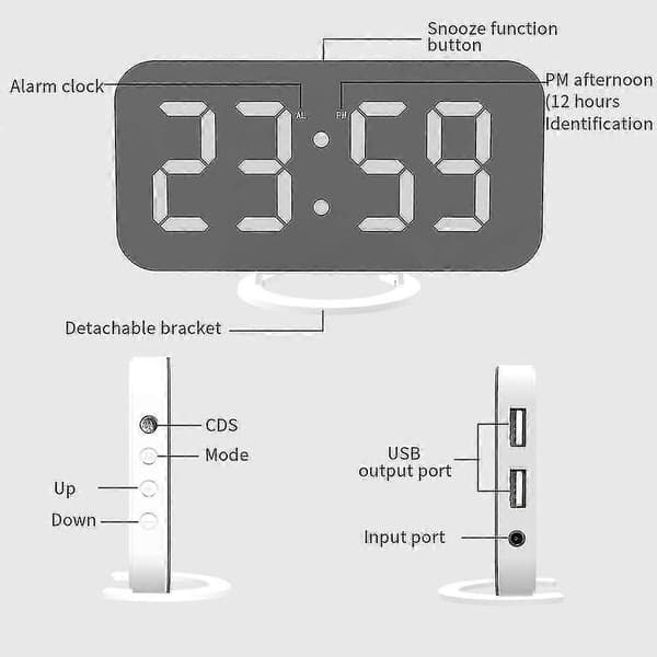 Digitaalinen herätyskello, peili-LED-kello kahdella USB-latausportilla