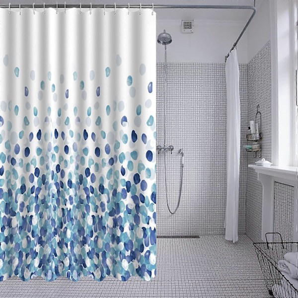 Maskinvaskbart dusjforheng i polyester 180x200 cm med vektet bunnkant og 12 kroker, badeforheng for baderom, blått boblemønster