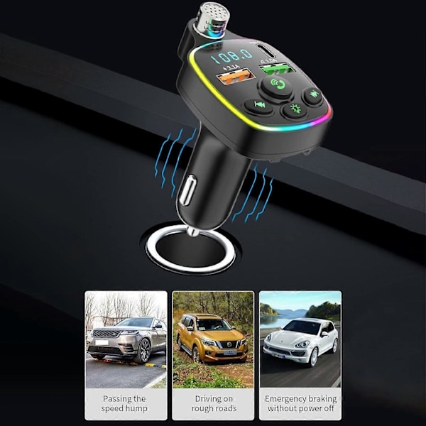 Trådløs Bluetooth 5.3 FM-sender for bil, rask 3.1A lader, Bluetooth radioadapter, PD+QC3.0, støydempende mikrofon og musikkspiller