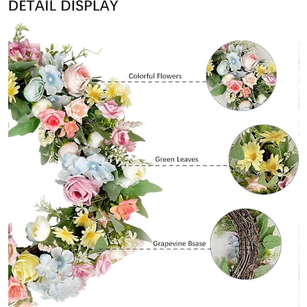 40 cm Kesäkukkaseppele - Ruusu- ja Hortensia-koriste ympäri vuoden
