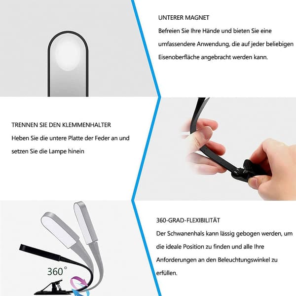 LED leselampe bokklemme USB oppladbar med berøringsbryter
