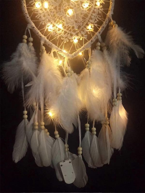 Drömfångare, Boho Stil LED-Lampa Handgjord för Sovrum Bildekoration, Drömfångare Väggbonad Romantisk Dekor (Vit, Ljus)