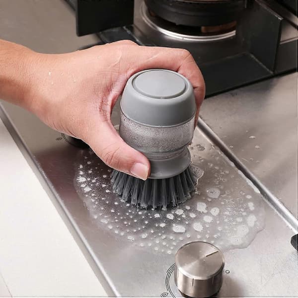 Diskborste med Tvåldispenser, Köksborste för Rengöring av Disk, Kastruller, Pannor och Diskbänkar -- Grå