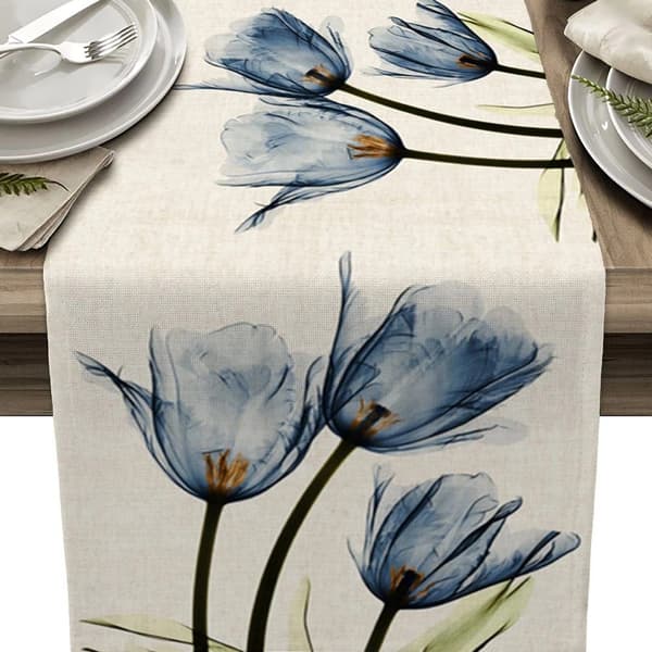 Bordløper med blå blomster, 33x180cm, vaskbar blomstret duk
