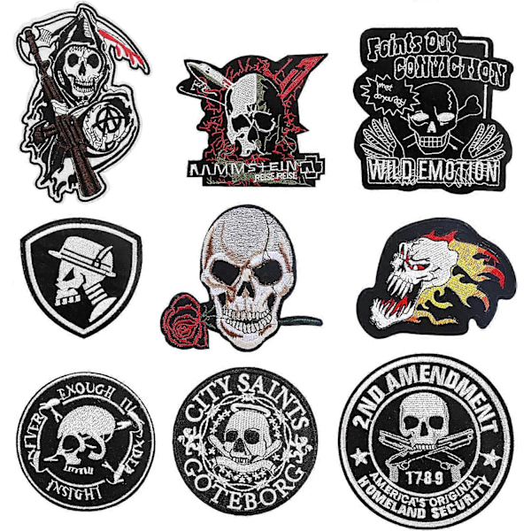 9 Store Broderede Kranie Stryge-på-Mærker, Broderi Klistermærke Stryge-på-Mærker Sy-på-Badge Klistermærker til Tøj, Rygsække, Jakker, Jeans, Hatte, Reparation