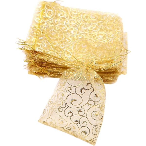 Bryllupsgaver Små Gaveposer, 100 stk. 10 cm x 12 cm Guld Organza Poser til Festgaver Små Virksomheder Slikposer Netpose
