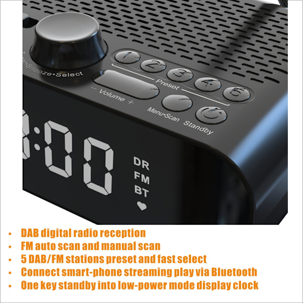 Nattbords FM-klokkeradio med Bluetooth-høyttaler, EU-versjon