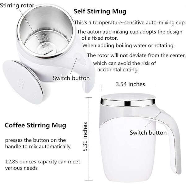 Hvidt Automatisk Magnetisk Omrørende Kaffekrus, Roterende Hjemmekontor Rejse Blandekop Sjovt Elektrisk Rustfrit Stål Selvomrørende Kaffekop, Egnet