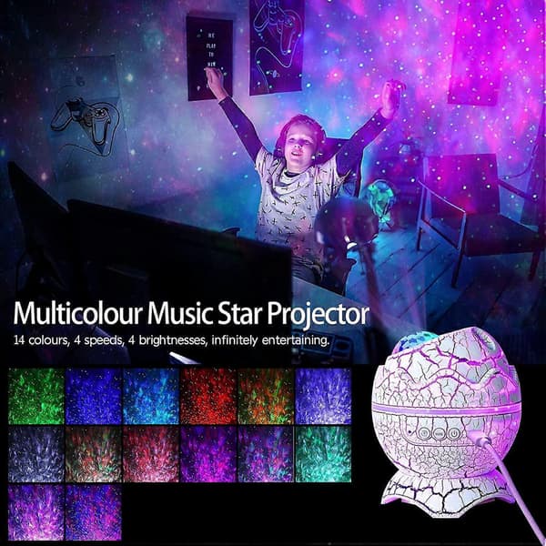 Dinosaur Egg Star Projector Stjernelys med Trådløs Musikkspiller, Nattlys med Whi