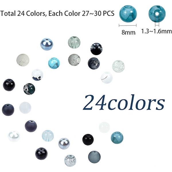 24 Farver 8mm Runde Glasperler, 720 stk. Sorte Hvide Armbåndsperler Bulk Marmor Løse Perler Afstandsstykker til Armbånd Ørering Halskæde Smykkefremstilling Hallowe