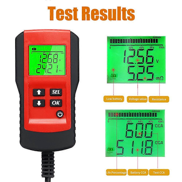Elektrisk bilbatteri testbatteri god og dårlig levetid kapasitet motstand effekt tester rød
