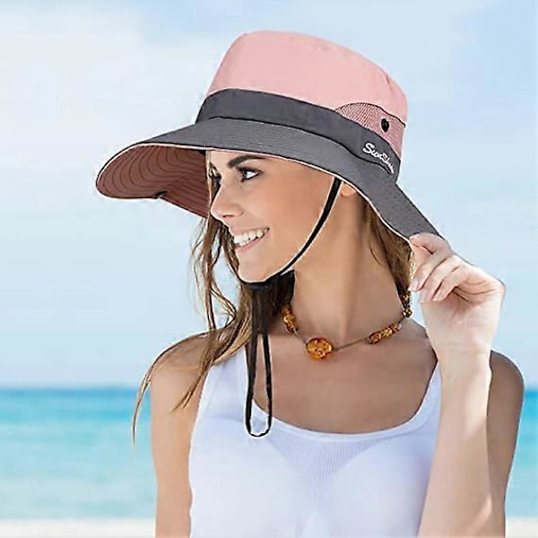 Dame Foldbar Hat Bred Skygge Solhat UV Beskyttelse Mesh Visir Hat Fantastisk til Rejser Vandreture Fiskeri Strand Havearbejde 56-58CM (Pink)