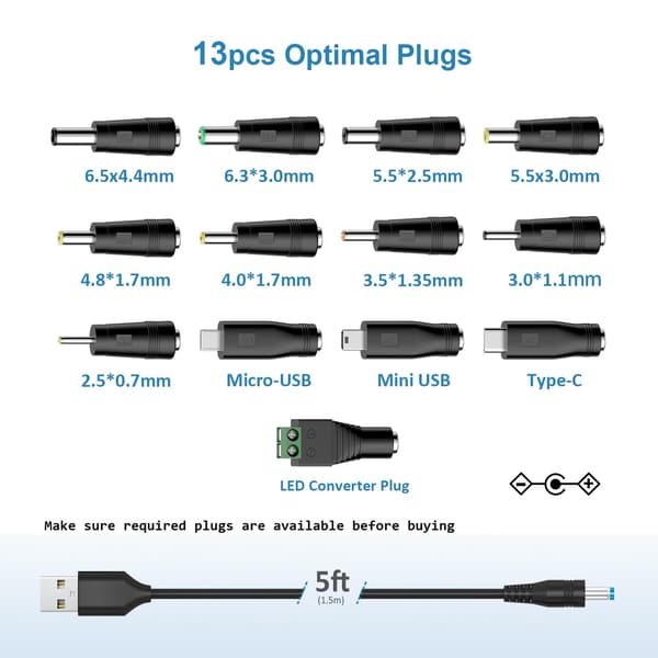 Powseed 5V universell DC-strømkabel, USB til DC-ladekabel med 13 adapterplugger for webkamera-ruter, opptaker, Bluetooth-høyttaler, skanner, DVR, Ha
