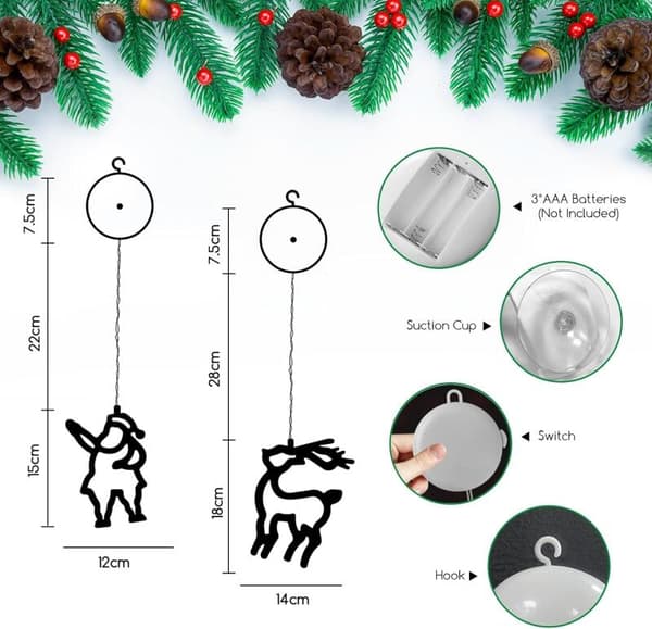 Julemands- og rensdyr-julelys, LED-julevindueslys, batteridrevet, timer, lyskæde til jul