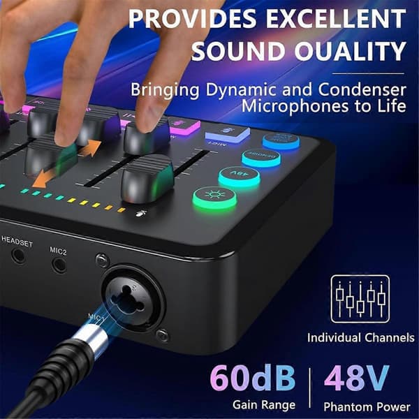 Gaming Audio Mixer, Streaming RGB PC Mixer med XLR Mikrofoninterface, Lydstyrkefader, 48V Phantom Power til Podcast