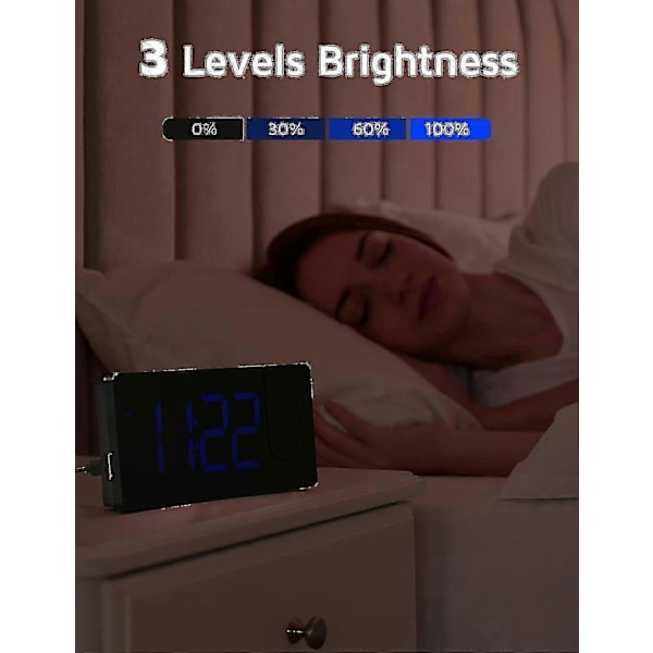 (Blå Siffra blå Projektion) Projektionsväckarklocka, Digital Klocka Med 180° Roterbar Projektor, 3 nivåer Ljusstyrka Dimmer, YH