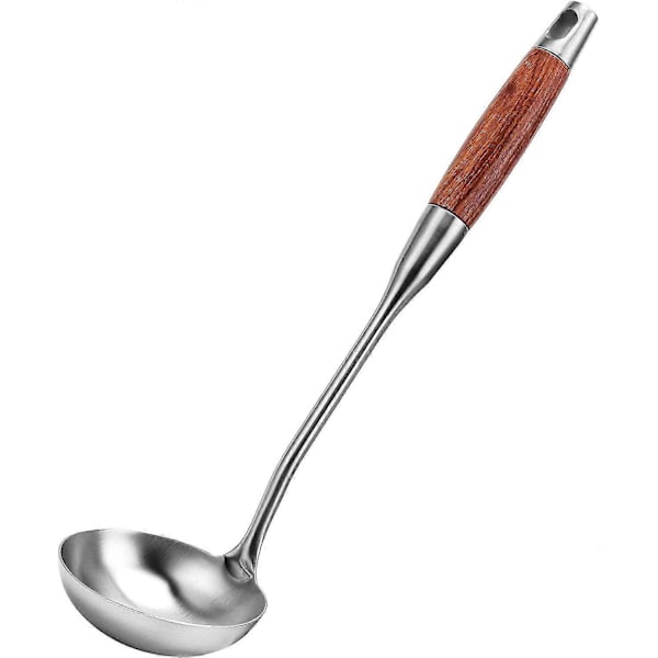 304 Rostfritt Stål Stor Lång Soppslev med Värmebeständigt Trähandtag för Soppor, Grytor, Sås, 35 cm (Slev)
