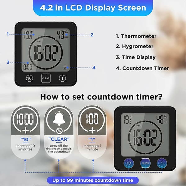 Badrumsklocka, LCD Digital Väckarklocka med Vattentät Touch Duschklocka, Temperatur Luftfuktighet, Nedräkningstimer, 3 Monteringsmetoder, Batteridriven
