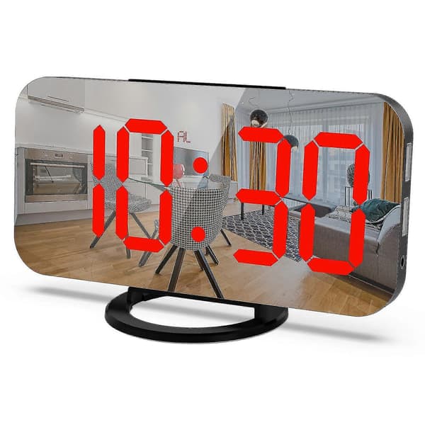 Digital väckarklocka, spegel LED-klocka med två USB-laddningsportar