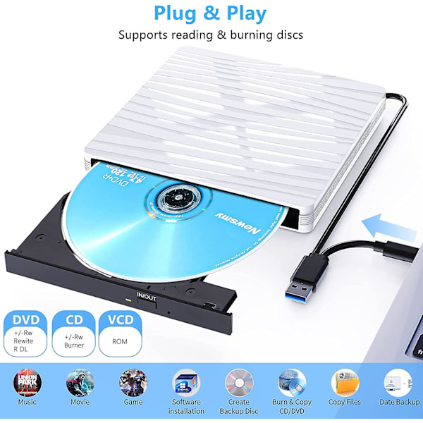 Ekstern Cd Dvd-afspiller, Ekstern Cd-brænder Med Usb3.0 Type-c, Bærbar Slank Ekstern Cd/vcd/-rw/rom-afspiller Til Bærbar Computer