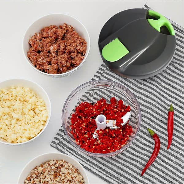 FiveShops Manuell Hakker Multi-Hakker med 3 Blader i Rustfritt Stål 520 ML Trekk-snor for Kutting av Grønnsaker, (Grå)