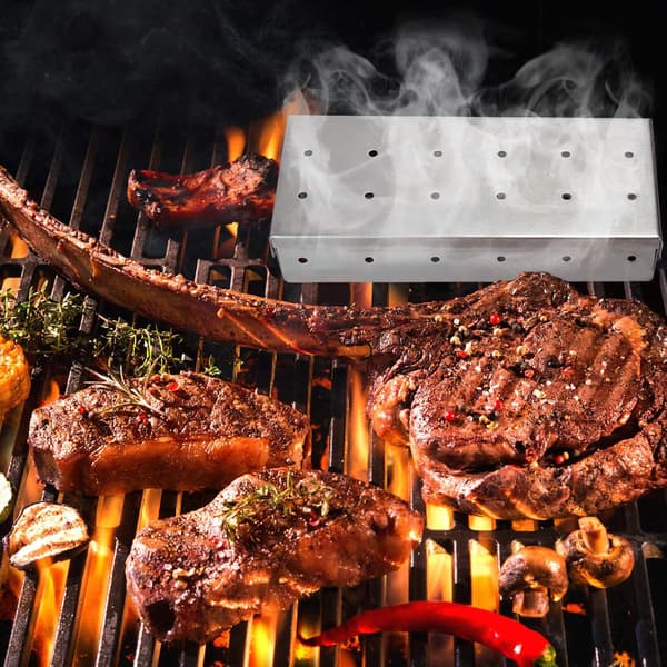 Universell røykerboks - Grillrøyker - Treflis for røyksmak - Egnet for gass-, kull- og elektriske griller - Rustfritt stål (22 x 9,5