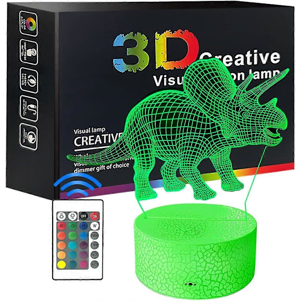 SBSG Dinosaurie Nattlampa 3D Illusion Lampa för Pojkar, 16 Färger Dinosaurielampa med Fjärrkontroll & Smart Touch, Dinosaurie Rumsinredning Jul Födelsedag