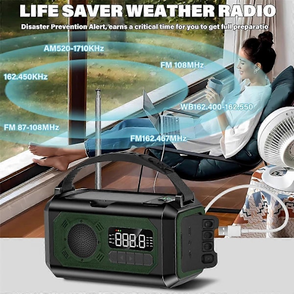 12000MAh Nødradio med Håndsveiv Solcelle Radio Bærbar AM/FM/ Radio med Lommelykt