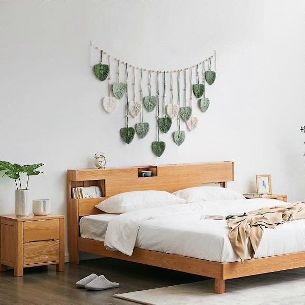 Makramé Vevd Vegghenging Boho Vevd Bladteppe Stort Grønt Løv Veggdekor Chic Hjemmeinnredning Håndlaget Fjær Veggkunst for Soverom 120x74 cm