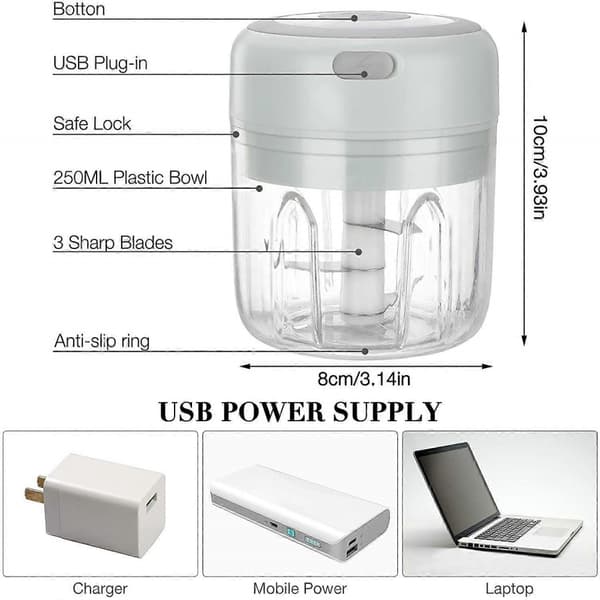 Elektrisk Hackare Vitlök Lök Hackare Frukt Kött Multi Hackare Med USB-Laddning 250ml