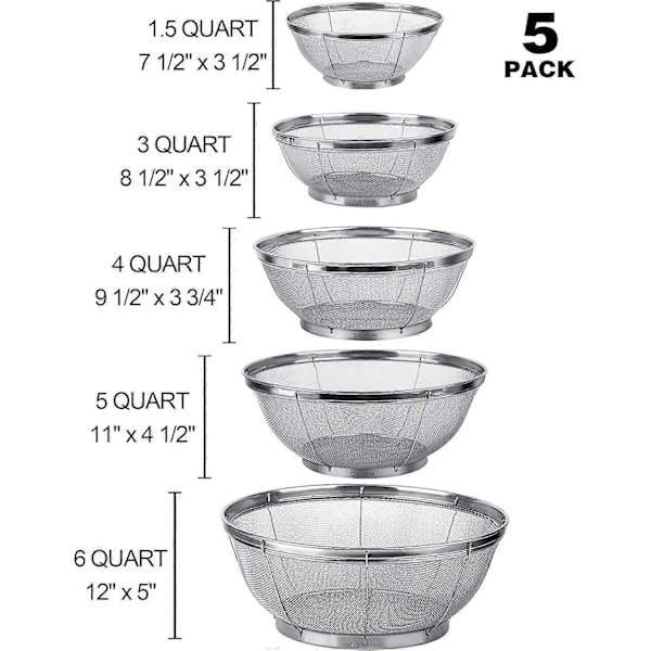5-pack rostfria silar för köksbruk, för att sila, dränera, skölja, ånga, i flera storlekar
