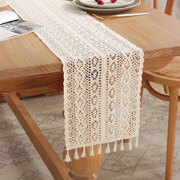Boho bordslöpare, beige bordslöpare med tofsar